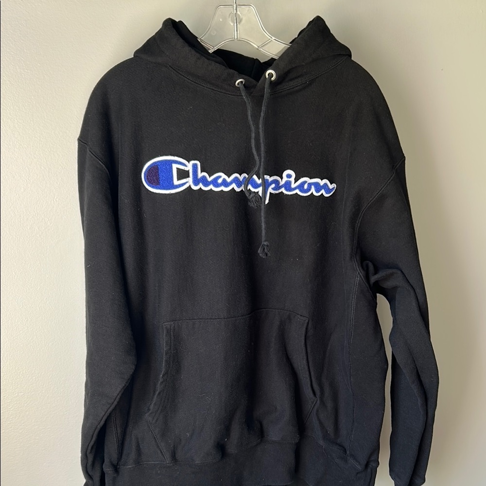 Champion Men's Black Hoodie with Blue Logo
